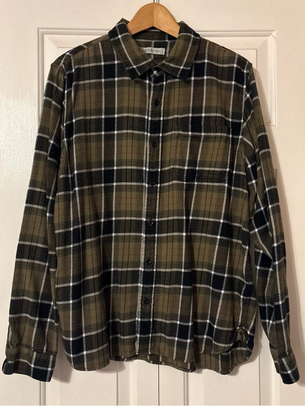 Outerknown Soft Olive Green and Black Plaid Button-Up Shirt - L